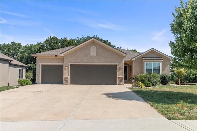 1013 SE Beatty Ct, Blue Springs, MO 64014 - ranch-style house with stucco siding, an attached garage, concrete driveway, a front yard, and stone siding