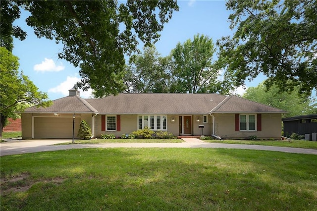 4411 W 89th St, Prairie Village, KS 66207 - ranch-style home featuring driveway, an attached garage, a front yard, and a chimney