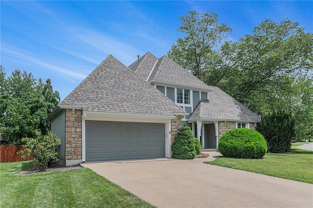 807 NW Bent Tree Dr, Lees Summit, MO 64081 - view of front of home featuring stone siding, a shingled roof, a garage, and concrete driveway