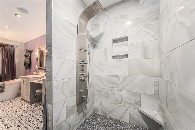 807 NW Bent Tree Dr, Lees Summit, MO 64081 - bathroom with vanity, a tile shower, a soaking tub, and recessed lighting