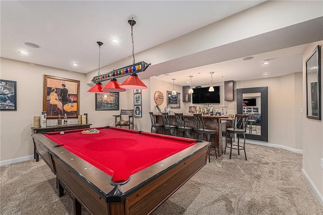 807 NW Bent Tree Dr, Lees Summit, MO 64081 - recreation room featuring light colored carpet, wet bar, billiards table, and recessed lighting