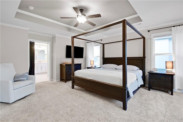 20487 W 108th St, Olathe, KS 66061 - bedroom featuring multiple windows, light colored carpet, a tray ceiling, ornamental molding, and ensuite bath