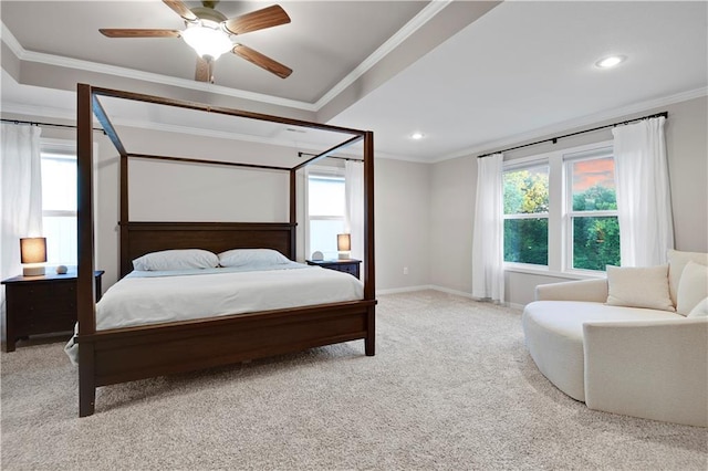 20487 W 108th St, Olathe, KS 66061 - bedroom featuring light carpet, crown molding, recessed lighting, and a ceiling fan