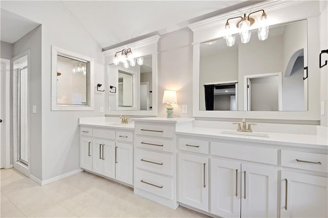 20487 W 108th St, Olathe, KS 66061 - full bath featuring double vanity, tile patterned floors, a shower stall, and vaulted ceiling