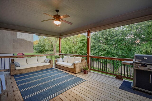 20487 W 108th St, Olathe, KS 66061 - wooden terrace with an outdoor hangout area, a ceiling fan, and grilling area