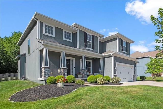 316 SE Hackamore Dr, Lees Summit, MO 64082 - view of front of property with an attached garage, stucco siding, covered porch, concrete driveway, and stone siding