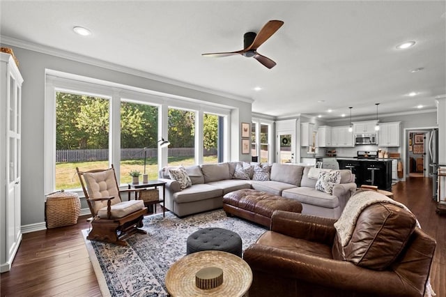 316 SE Hackamore Dr, Lees Summit, MO 64082 - living area with ornamental molding, a ceiling fan, dark wood-style floors, and recessed lighting