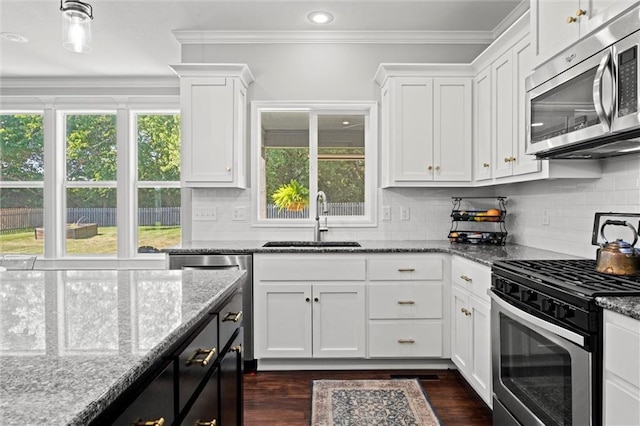316 SE Hackamore Dr, Lees Summit, MO 64082 - kitchen with stainless steel appliances, white cabinetry, dark wood-style flooring, stone counters, and ornamental molding