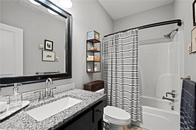 316 SE Hackamore Dr, Lees Summit, MO 64082 - bathroom featuring vanity, shower / bath combo with shower curtain, and decorative backsplash