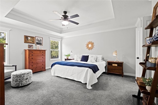 316 SE Hackamore Dr, Lees Summit, MO 64082 - carpeted bedroom featuring a raised ceiling, ornamental molding, and a ceiling fan