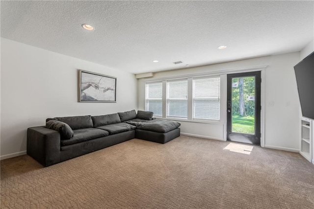 3536 SW Dana Ave, Lees Summit, MO 64082 - living area with carpet flooring, a textured ceiling, and recessed lighting
