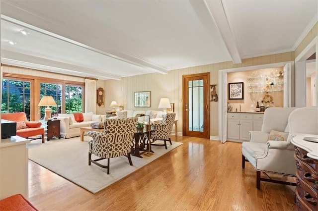 8422 Reinhardt Ln, Leawood, KS 66206 - living room featuring beam ceiling, light wood finished floors, and crown molding