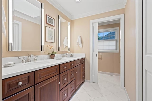 8422 Reinhardt Ln, Leawood, KS 66206 - bathroom with double vanity, crown molding, and tile patterned flooring