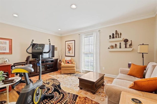 8422 Reinhardt Ln, Leawood, KS 66206 - living room featuring ornamental molding, wood finished floors, and recessed lighting