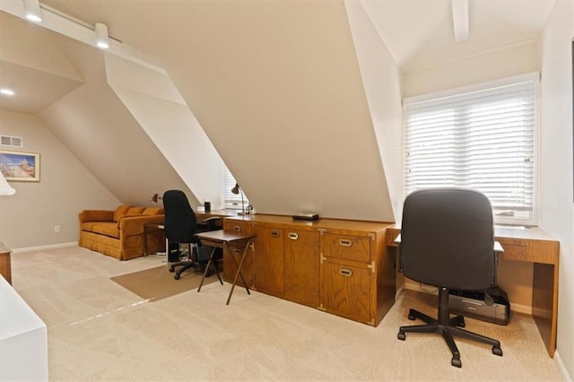 8422 Reinhardt Ln, Leawood, KS 66206 - office area with vaulted ceiling, light colored carpet, and plenty of natural light
