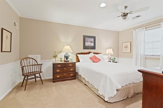 8422 Reinhardt Ln, Leawood, KS 66206 - bedroom with light carpet, ornamental molding, and a ceiling fan