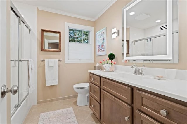 8422 Reinhardt Ln, Leawood, KS 66206 - bathroom featuring vanity, crown molding, tile patterned floors, enclosed tub / shower combo, and recessed lighting
