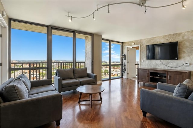 600 E Admiral Blvd Unit 1703, Kansas City, MO 64106 - living room with a wall of windows, dark wood-style floors, and track lighting