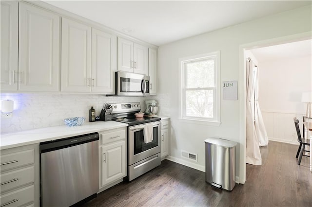 6015 W 78th Ter, Prairie Village, KS 66208 - kitchen featuring stainless steel appliances, dark wood-style flooring, white cabinets, and decorative backsplash