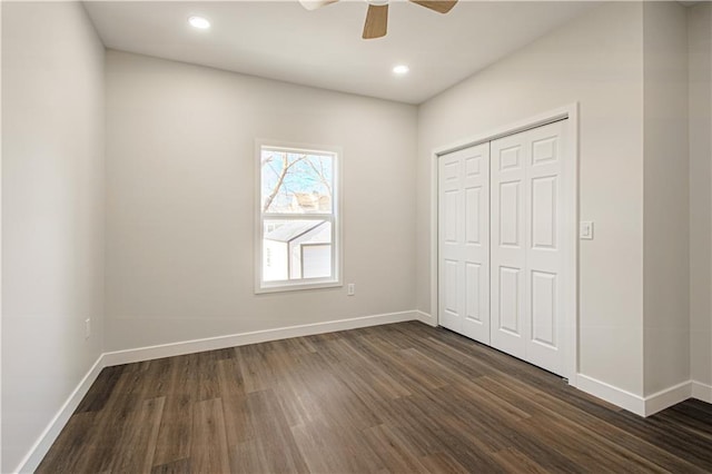 1832 N 31st St, Kansas City, KS 66104 - unfurnished bedroom featuring dark wood-type flooring, a closet, recessed lighting, and ceiling fan