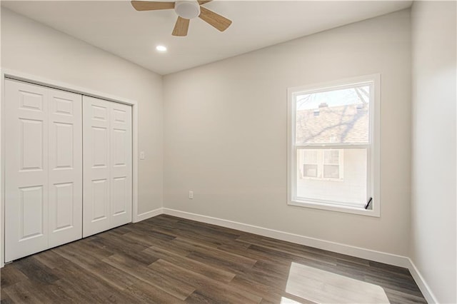 1832 N 31st St, Kansas City, KS 66104 - unfurnished bedroom with dark wood finished floors, a closet, recessed lighting, and ceiling fan