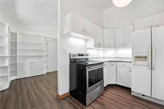 7604 Tomahawk Rd, Prairie Village, KS 66208 - kitchen featuring white fridge with ice dispenser, stainless steel electric range, light countertops, dark wood-style floors, and white cabinetry