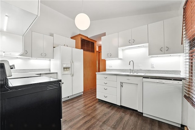 7604 Tomahawk Rd, Prairie Village, KS 66208 - kitchen with white appliances, dark wood-type flooring, white cabinetry, and light countertops