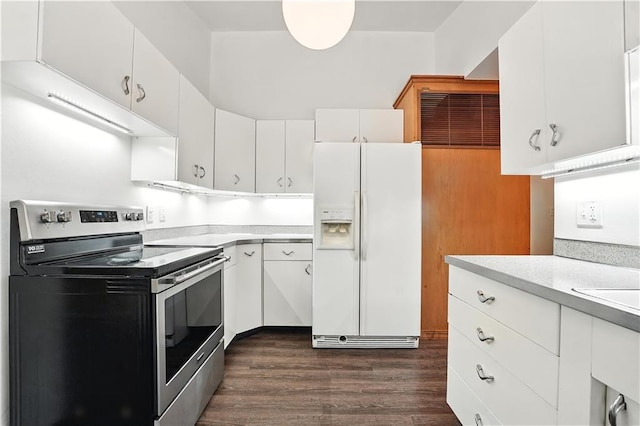 7604 Tomahawk Rd, Prairie Village, KS 66208 - kitchen with white fridge with ice dispenser, electric stove, light countertops, dark wood-style floors, and white cabinets
