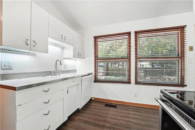 7604 Tomahawk Rd, Prairie Village, KS 66208 - kitchen with dishwasher, dark wood-style floors, vaulted ceiling, light countertops, and white cabinetry