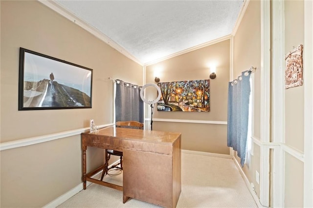 6016 Harrison St, Kansas City, MO 64110 - carpeted office featuring ornamental molding, a textured ceiling, and lofted ceiling