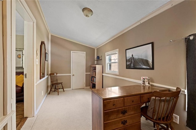 6016 Harrison St, Kansas City, MO 64110 - home office with crown molding, vaulted ceiling, and carpet