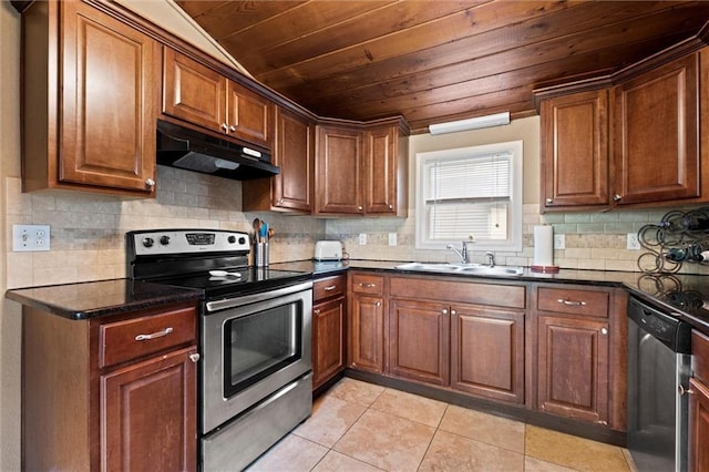 6016 Harrison St, Kansas City, MO 64110 - kitchen featuring appliances with stainless steel finishes, wood ceiling, under cabinet range hood, backsplash, and light tile patterned floors