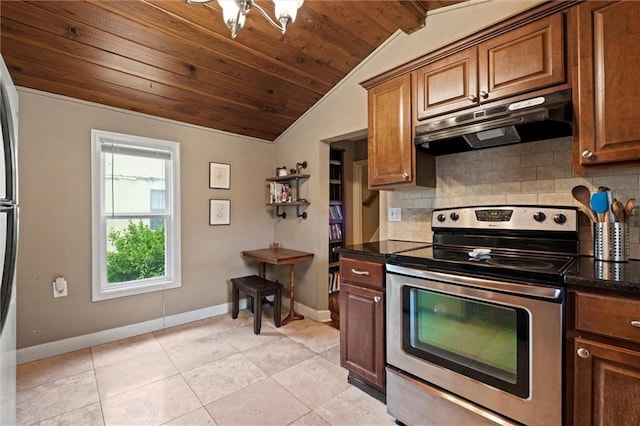 6016 Harrison St, Kansas City, MO 64110 - kitchen featuring stainless steel electric stove, under cabinet range hood, decorative backsplash, wood ceiling, and light tile patterned floors