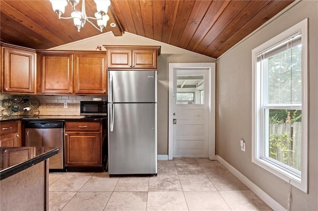 6016 Harrison St, Kansas City, MO 64110 - kitchen with appliances with stainless steel finishes, healthy amount of natural light, a chandelier, and wood ceiling
