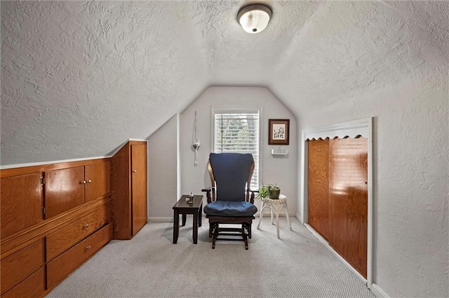6016 Harrison St, Kansas City, MO 64110 - living area with a textured ceiling, lofted ceiling, a textured wall, and light carpet