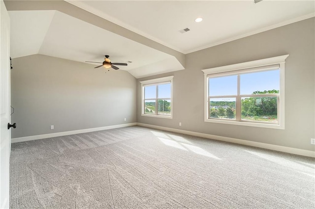 16699 S Chalet Dr, Olathe, KS 66062 - unfurnished room with carpet floors, vaulted ceiling, a ceiling fan, recessed lighting, and crown molding