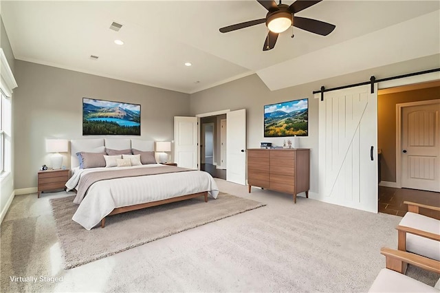16699 S Chalet Dr, Olathe, KS 66062 - bedroom with a barn door, crown molding, recessed lighting, carpet, and a ceiling fan