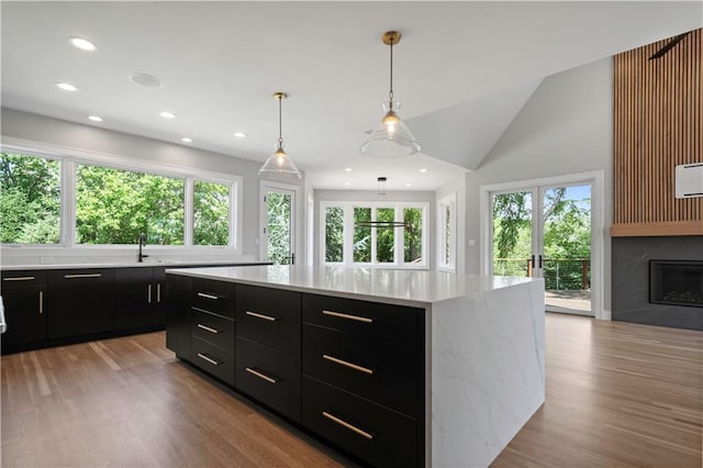 2616 W 112th St, Leawood, KS 66211 - kitchen with dark cabinetry, light wood finished floors, decorative light fixtures, recessed lighting, and a premium fireplace