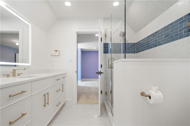 2616 W 112th St, Leawood, KS 66211 - full bath with recessed lighting, vanity, a stall shower, and marble finish floors