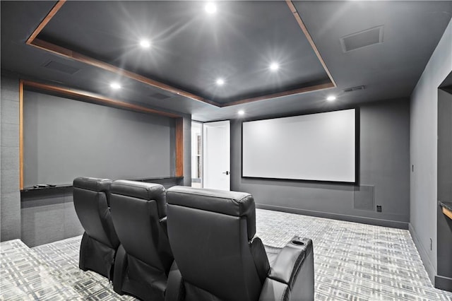 2616 W 112th St, Leawood, KS 66211 - carpeted home theater with recessed lighting and a tray ceiling