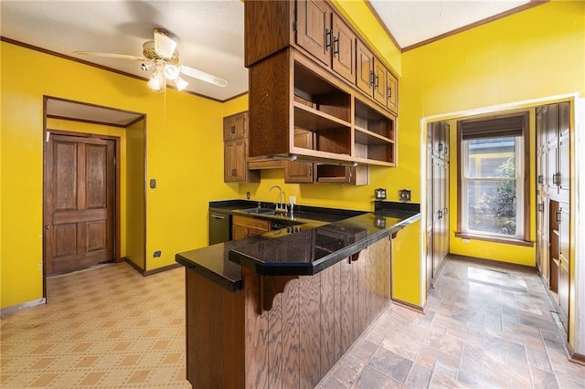 118 Spruce St, Leavenworth, KS 66048 - kitchen with ornamental molding, dark countertops, a breakfast bar, ceiling fan, and open shelves