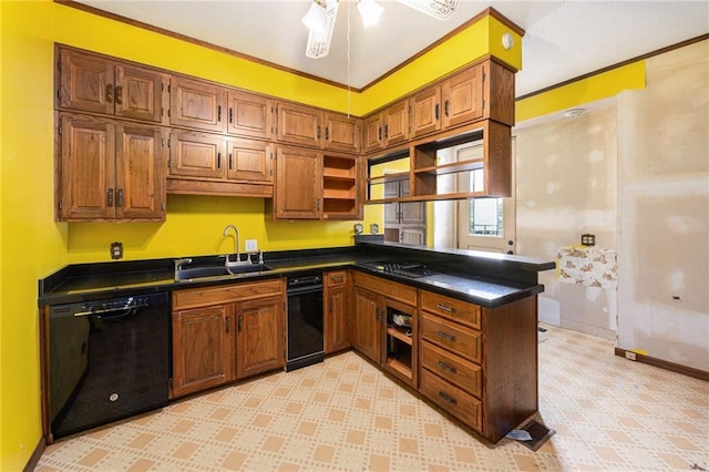 118 Spruce St, Leavenworth, KS 66048 - kitchen featuring black appliances, open shelves, dark countertops, brown cabinetry, and ornamental molding