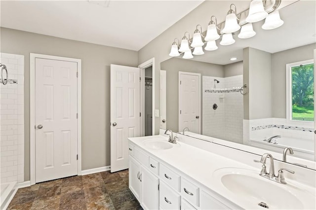 1321 SW Crossing Dr, Lees Summit, MO 64081 - bathroom featuring tiled shower, a bath, and double vanity