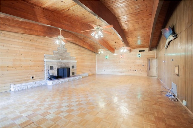 14610 State Route Dd Hwy, Savannah, MO 64485 - unfurnished living room featuring a ceiling fan, wood walls, a fireplace, and wooden ceiling