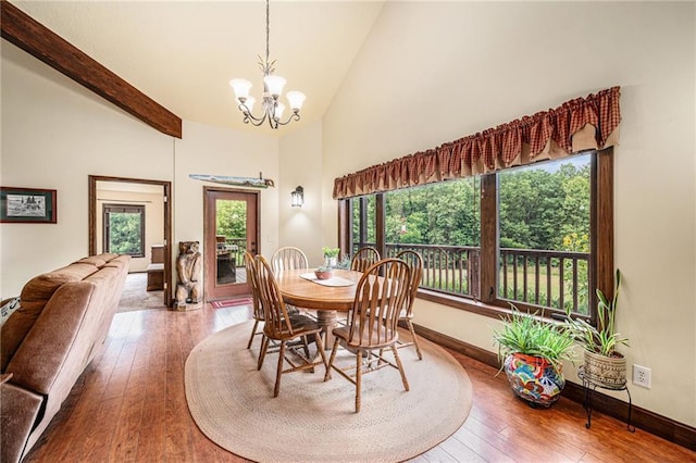 9750 SW 200th St, Smithville, MO 64089 - dining room with a chandelier, wood-type flooring, high vaulted ceiling, and beam ceiling