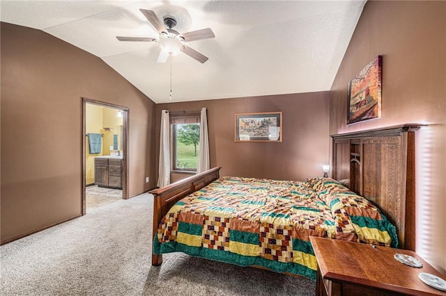 9750 SW 200th St, Smithville, MO 64089 - carpeted bedroom with vaulted ceiling, ensuite bathroom, and a ceiling fan