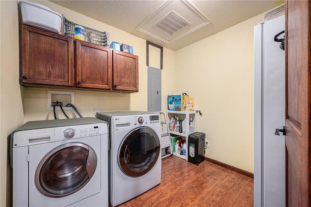 9750 SW 200th St, Smithville, MO 64089 - washroom featuring cabinet space, light wood-style flooring, separate washer and dryer, electric panel, and a textured ceiling