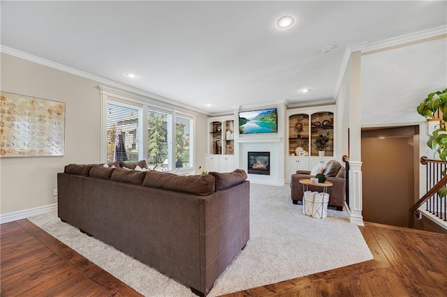 204 SW Ansel Adams Dr, Lees Summit, MO 64081 - living area with crown molding, a glass covered fireplace, recessed lighting, and built in shelves