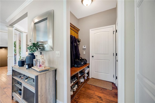 204 SW Ansel Adams Dr, Lees Summit, MO 64081 - mudroom with decorative columns, hardwood / wood-style flooring, and crown molding