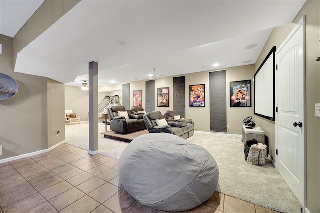 204 SW Ansel Adams Dr, Lees Summit, MO 64081 - cinema room with light colored carpet, light tile patterned flooring, ceiling fan, and recessed lighting